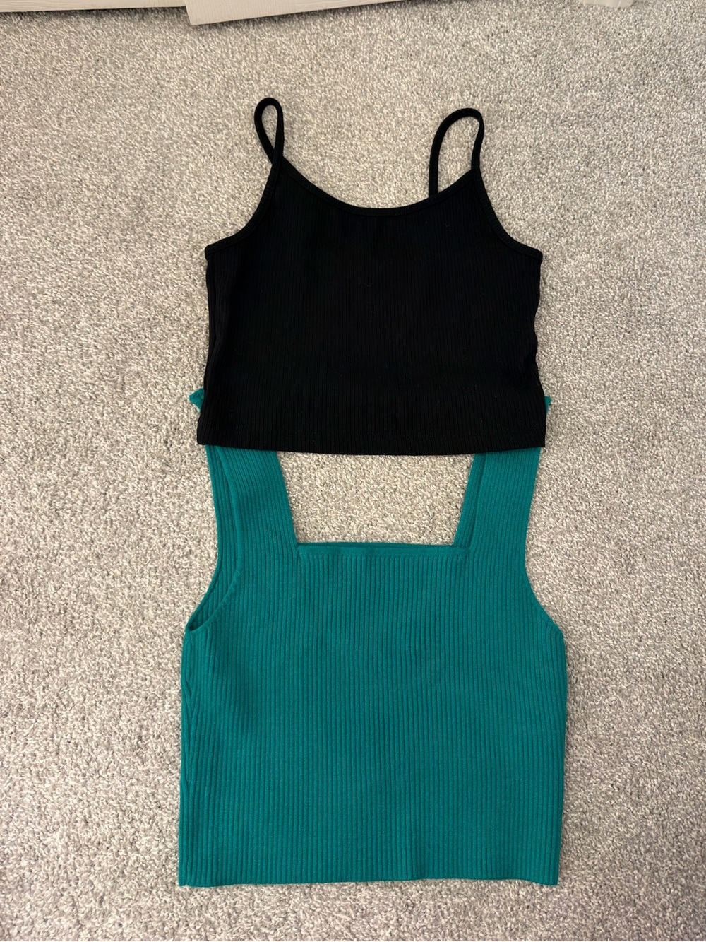 Bundle Black Ribbed Cropped Tank & Teal Ribbed Square-Neck Tank Duo